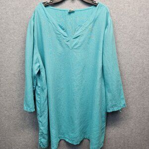 Et Lois‎ Linen Tunic Top Womens XL Aqua Blue 3/4 Sleeve Lagenlook Coastal